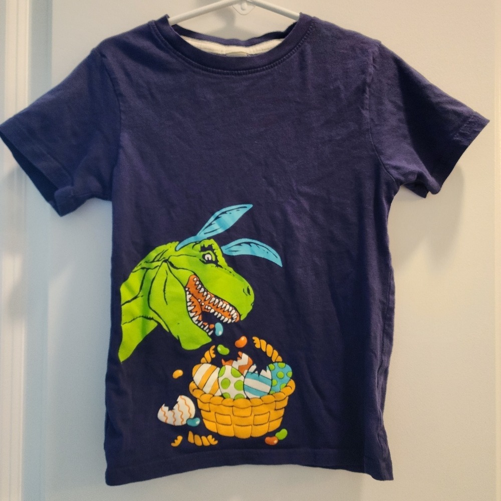 Kids szS 5/6 Easter Dinosaur TRex Bunny Ears Blue Graphic Tee Shirt Short Sleeve